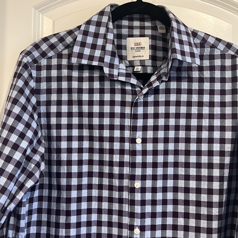 Ben Sherman | (15 1/2  34/35) Men’s Purple and Blue Checkered burrows Down